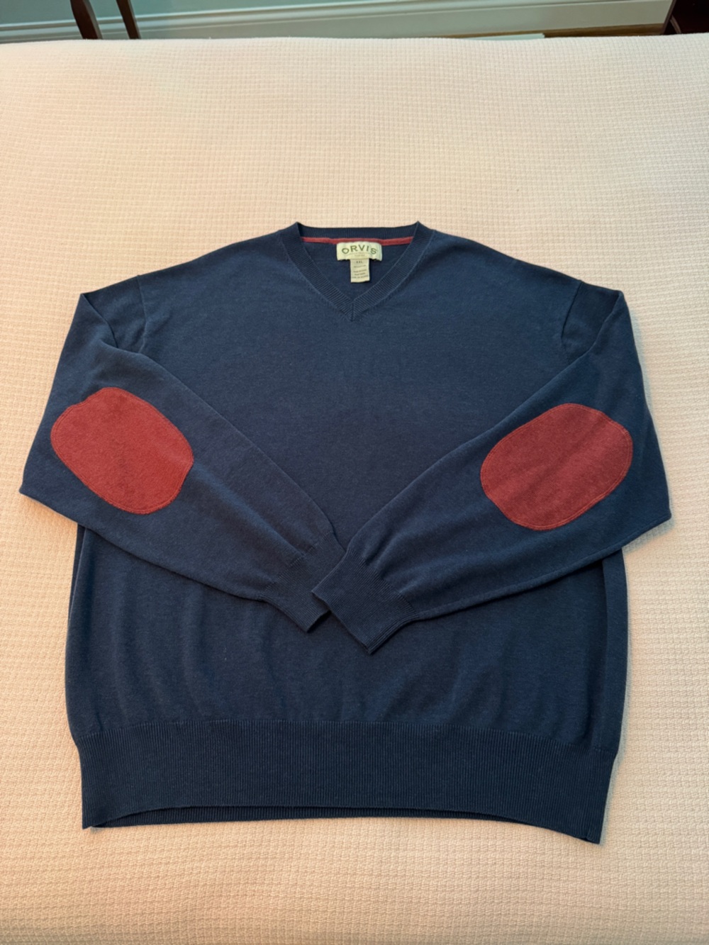 Men's Dark Blue Cotton Sweater with Rust Elbow Patch